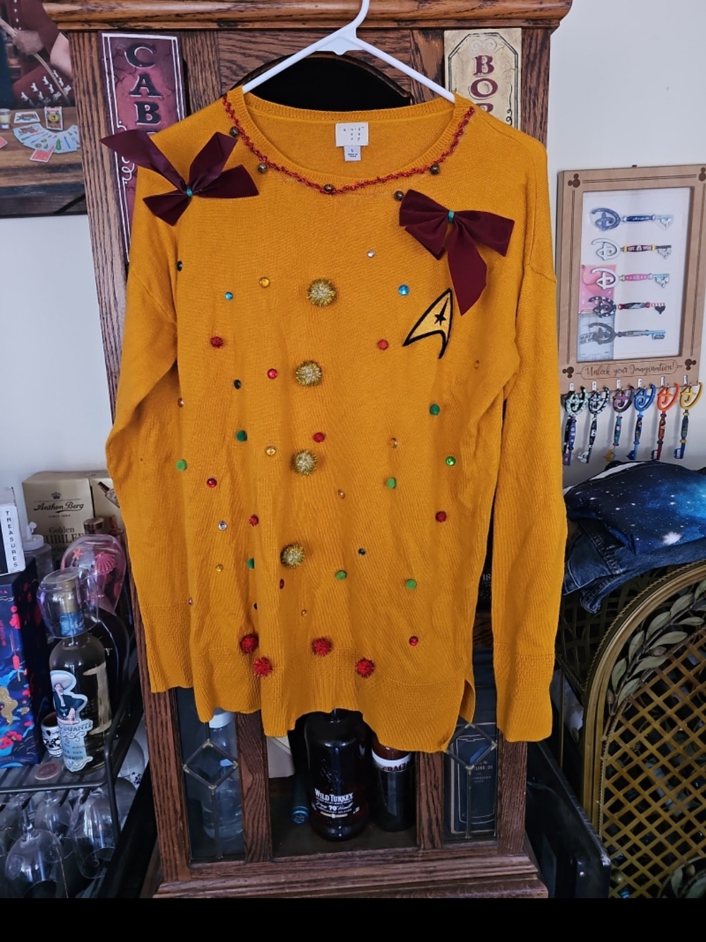 Mustard Yellow Embellished Women's Sweater - Bow & Bead Detail